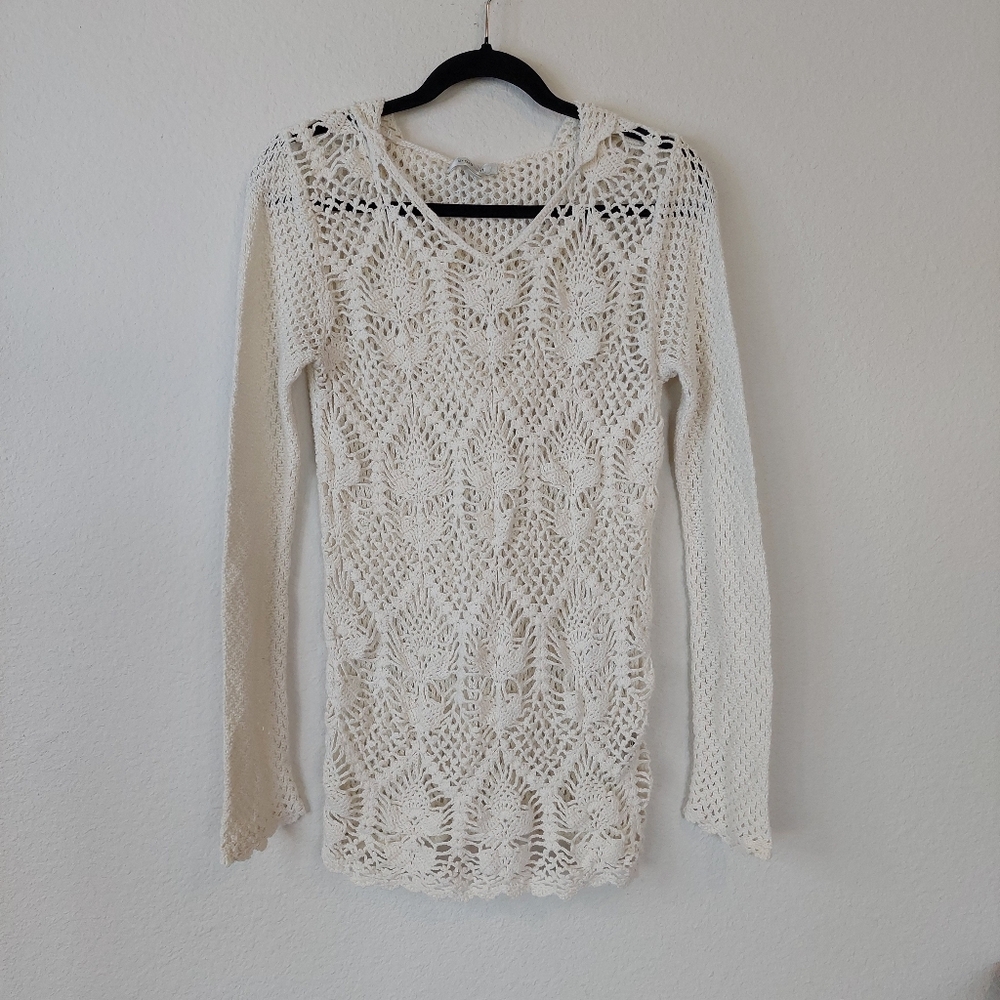Vintage Dressbarn Crochet Fishnet Hooded Longsleeve Top‎ Size Large